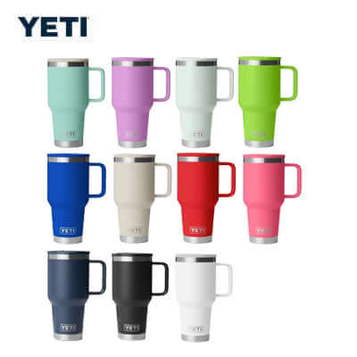 Yeti Rambler® 30 oz Travel Straw Mug collection in various colors showcasing adventure-friendly design for corporate gifts.
