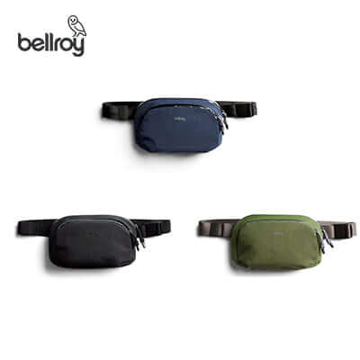 Bellroy Venture Hip Pack 1.5L in three colors: navy, black, and olive green, ideal for daily adventures and corporate gifts.