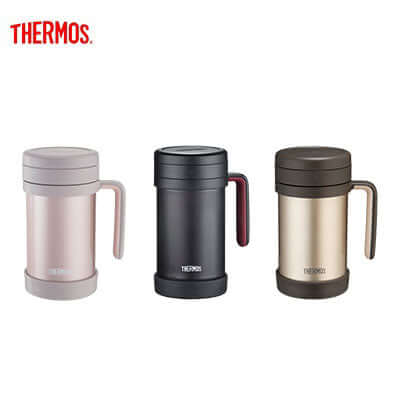 Thermos 500ml Mug with Handle and Strainer(TCMF-501) in Gold, Black, and Cacao colors.