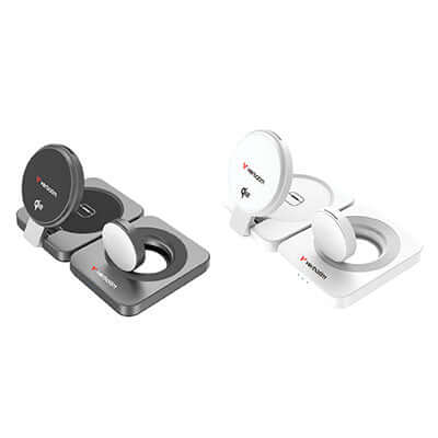 Verbatim 3-in-1 Qi2 Wireless Charger (WCDQi201) in black and white, perfect for corporate gifts and fast charging.