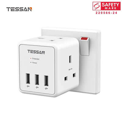 TESSAN 5 in 1 Cube Wall Plug Extension with 2 AC outlets and 3 USB ports for multi-device charging.