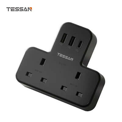 TESSAN Multi Plug Extension Wall Adapter with USB C, featuring 2 AC outlets and USB ports for efficient charging.