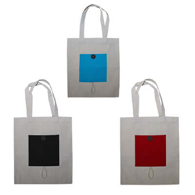 Foldable Cotton Bag with Button in three colors: blue, black, and red, perfect eco-friendly corporate gift.