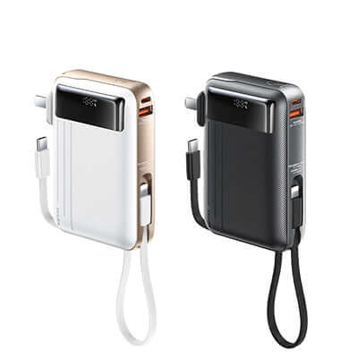 Remax CP-7 Fast Charging Powerbank with Cable and Wall Plug in white and black color options, ideal corporate gift.