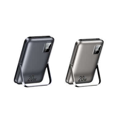 Remax RPP-695 Wireless Charging Powerbank 10000mAh in black and silver with stand.