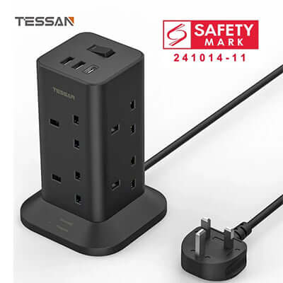TESSAN Tower 8 Sockets Outlet Plug with 2 USB-A & 1 USB-C Ports, featuring SAFETY Mark, black design.