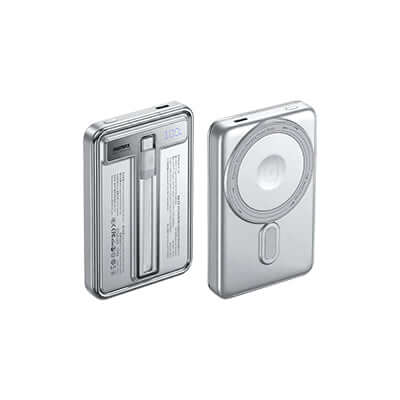 Remax FP-109 Magnetic Wireless Powerbank with C-Cable and Folding Stand in sleek metallic design.