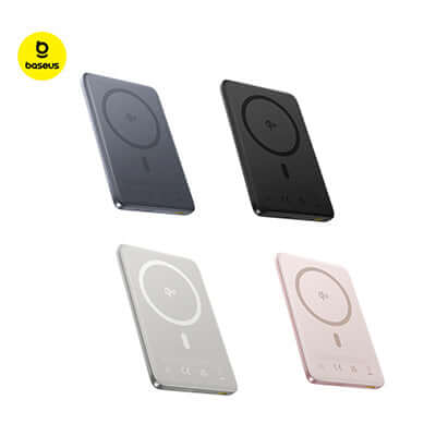 Baseus PicoGo Ultra-Slim Qi2 Magnetic Power Bank 10000mAh 27W in four colors: black, grey, pink, and white.