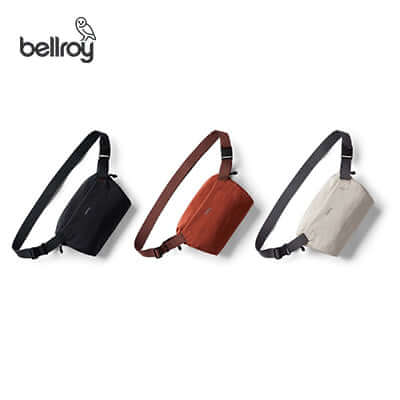 Bellroy Lite Sling Mini Bag in black, brown, and cream colors, perfect as a stylish corporate gift.