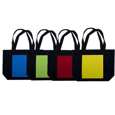 Four colorful tote bags in blue, green, red, and yellow, ideal as a corporate gift or eco-friendly accessory.