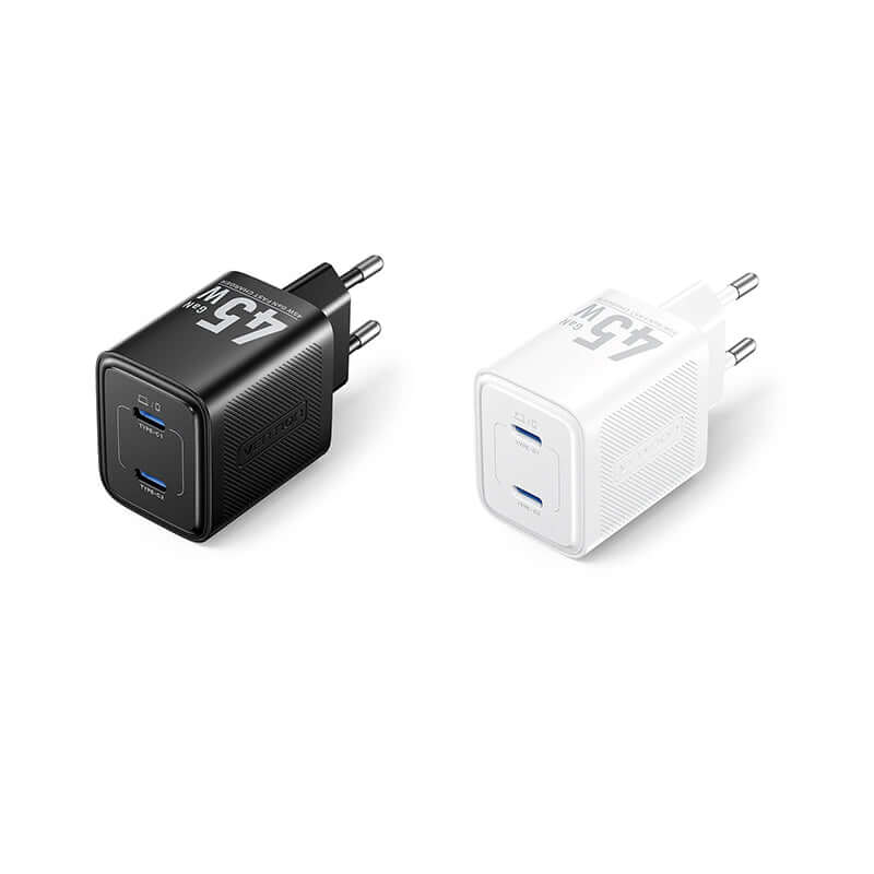 Vention 2-Port USB (C + C) GaN Charger 45W in black and white, ideal for efficient device charging.