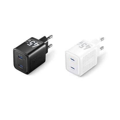 Vention 2-Port USB (C + C) GaN Charger 45W in black and white, ideal for efficient device charging.