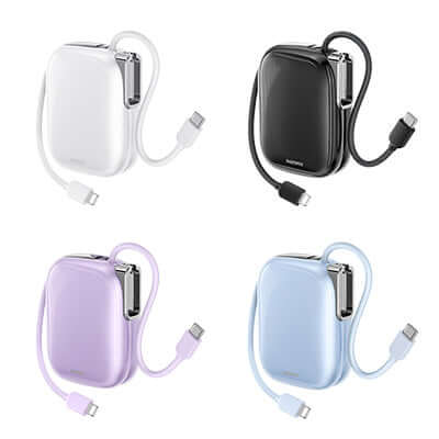 Remax MH136 Mini Powerbank with Cables 10000mAh in four colors: white, black, purple, and blue.