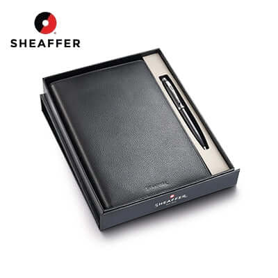 Sheaffer Gift Set 100 Ballpoint Pen with Leather Notebook Jacket displayed in a sleek black gift box.
