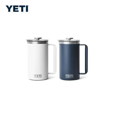 Yeti Rambler™ 34 oz French Press with Twist-To-Lock French Press Lid in white and navy colors.