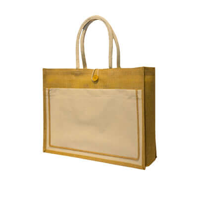 Laminated Jute Bag with Button in yellow and cream, perfect as a stylish and eco-friendly Corporate Gift.