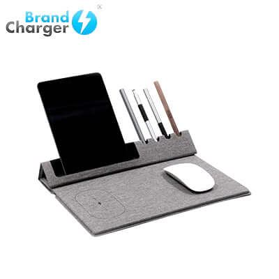 BrandCharger Evopad Charge Eco with phone holder, mouse pad, and pen holder on a stylish workspace.