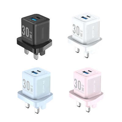 Vention 30W GaN Charger in four colors including black, white, blue, and pink, ideal for a corporate gift.