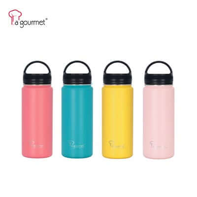 La Gourmet Superwide Collection 600ml Thermal Bottle in pink, blue, yellow, and light pink, ideal for corporate gifts.