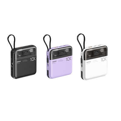 Remax RPP-602 Min Powerbank 10000mAh in black, purple, and white colors for stylish portable charging.