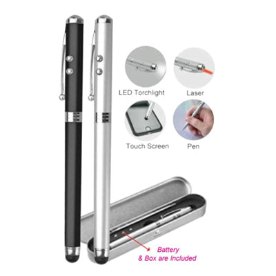 Multifunction 4-in-1 Pen: sleek design featuring a pen, laser pointer, touchscreen stylus, and LED torch for corporate gifts.