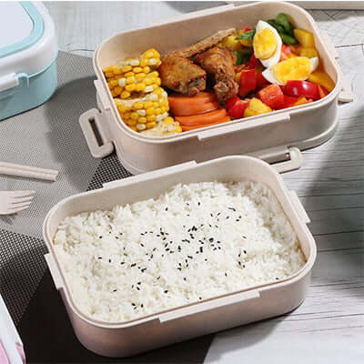 Eco-Friendly Wheat Fiber Lunch Box, - No divider with colorful meal and rice, perfect for eco-conscious individuals.