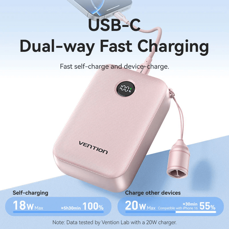 Vention Compact 20000mAh Power Bank 22.5W with USB-C dual-way fast charging and built-in cable.