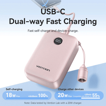 Vention Compact 20000mAh Power Bank 22.5W with USB-C dual-way fast charging and built-in cable.