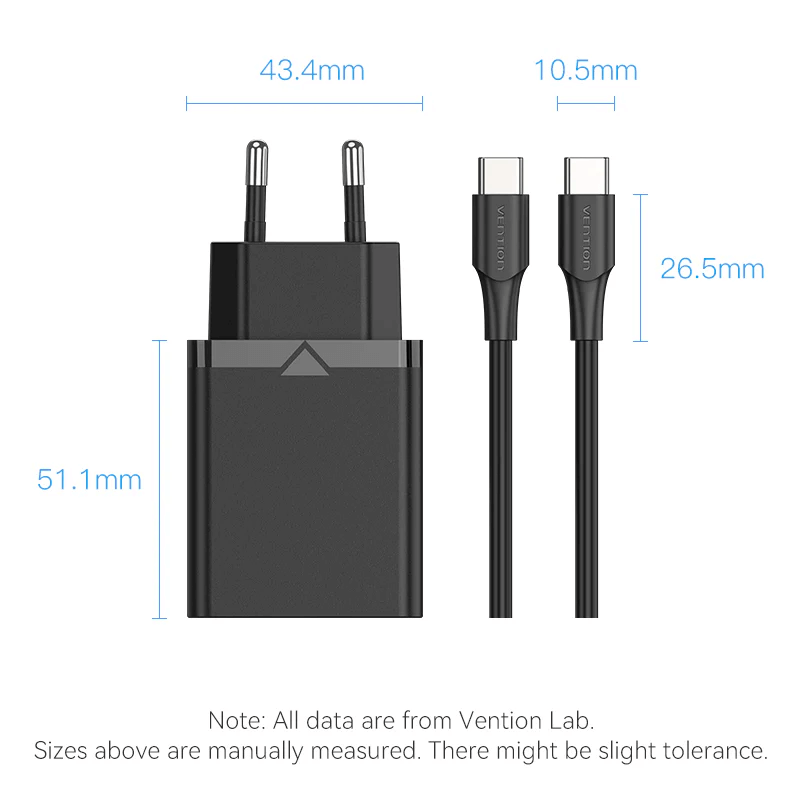 Vention 1-Port USB-C Wall Charger 25W with measuring details, corporate gift option for efficient charging.