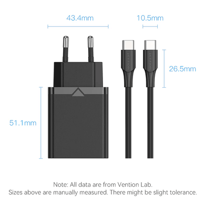 Vention 1-Port USB-C Wall Charger 25W with measuring details, corporate gift option for efficient charging.