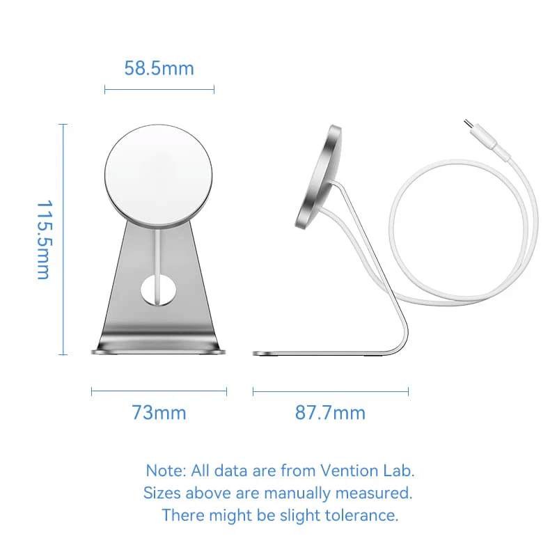 Vention 15W Magnetic Wireless Charger Stand with MagSafe with dimensions 58.5mm x 115.5mm x 73mm.