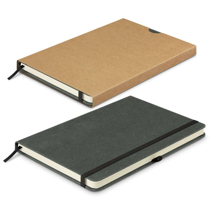 Phoenix Recycled Hard Cover Notebook displayed in two colors, showcasing its stylish and sustainable design for corporate gift use.