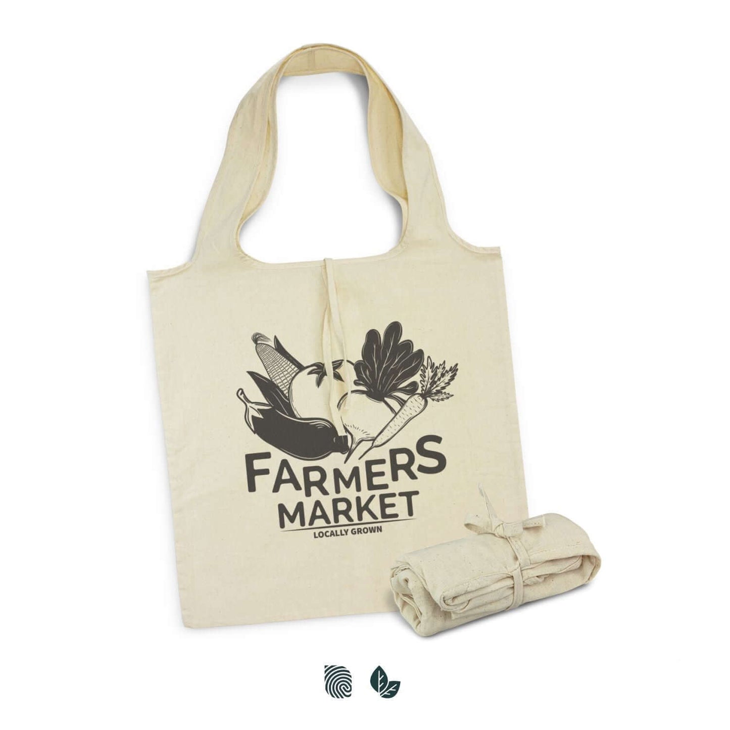 Matakana Foldaway Tote Bag featuring a Farmers Market design, compact for shopping and eco-friendly.