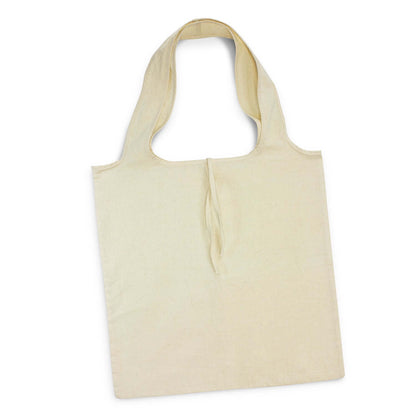 Matakana Foldaway Tote Bag in unbleached cotton, eco-friendly, compact design for shopping and as a corporate gift.