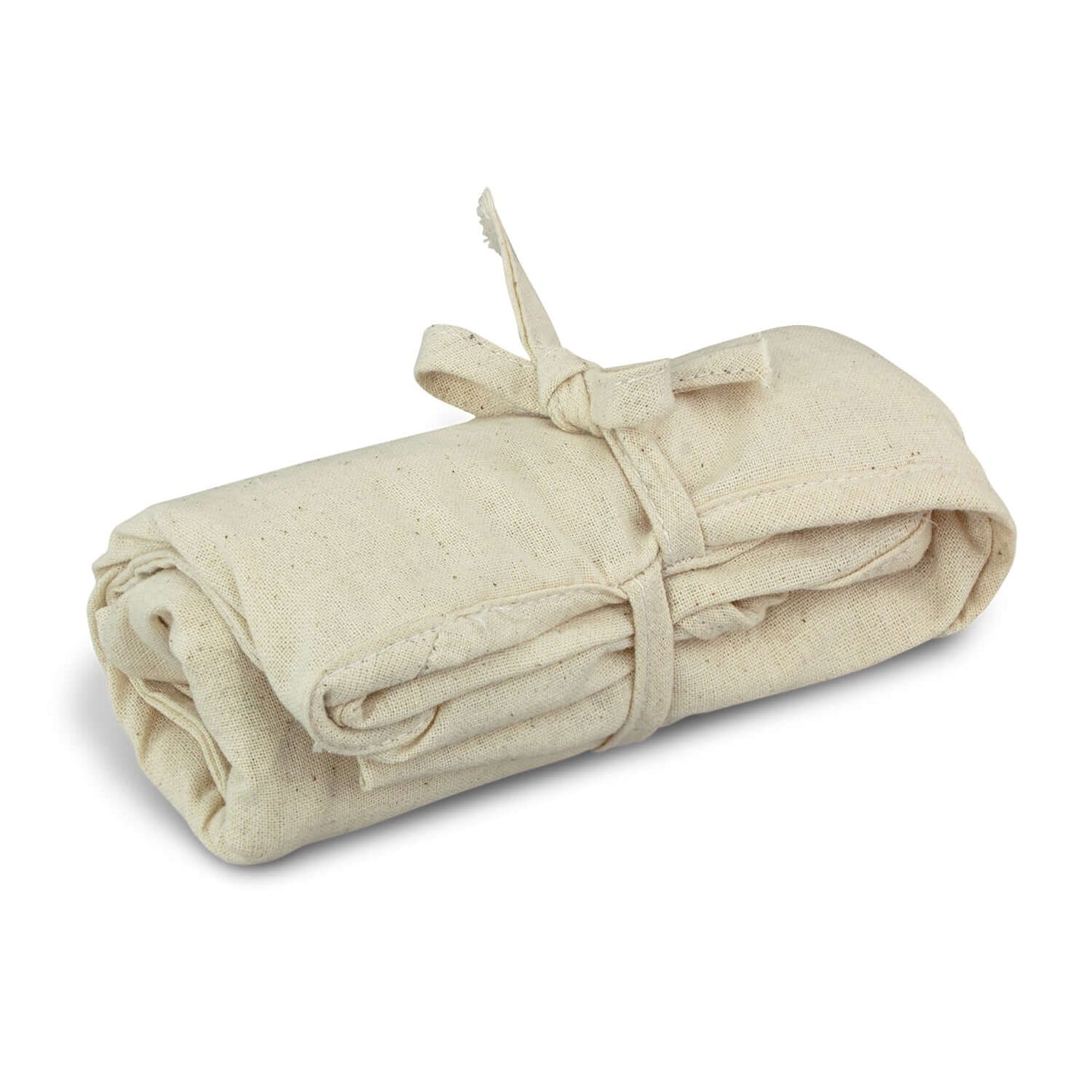 Matakana Foldaway Tote Bag rolled up and tied, made from durable unbleached cotton, an ideal corporate gift.