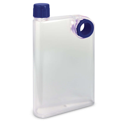 Accent Frosted Water Bottle in a sleek, futuristic design with a blue screw-on lid and finger grip.