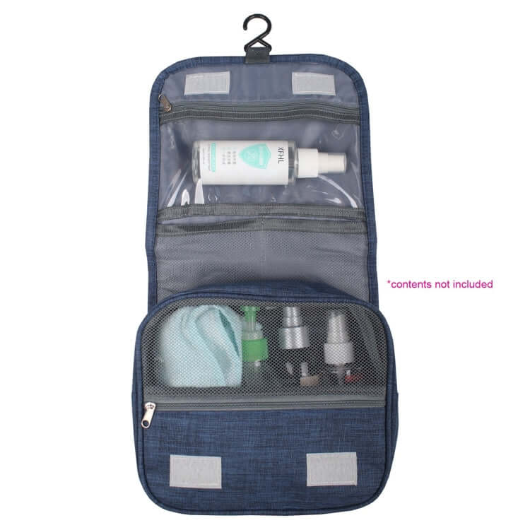 Polyester Toiletry Bag open display with compartments for bottles and toiletries, ideal for travel and corporate gift.