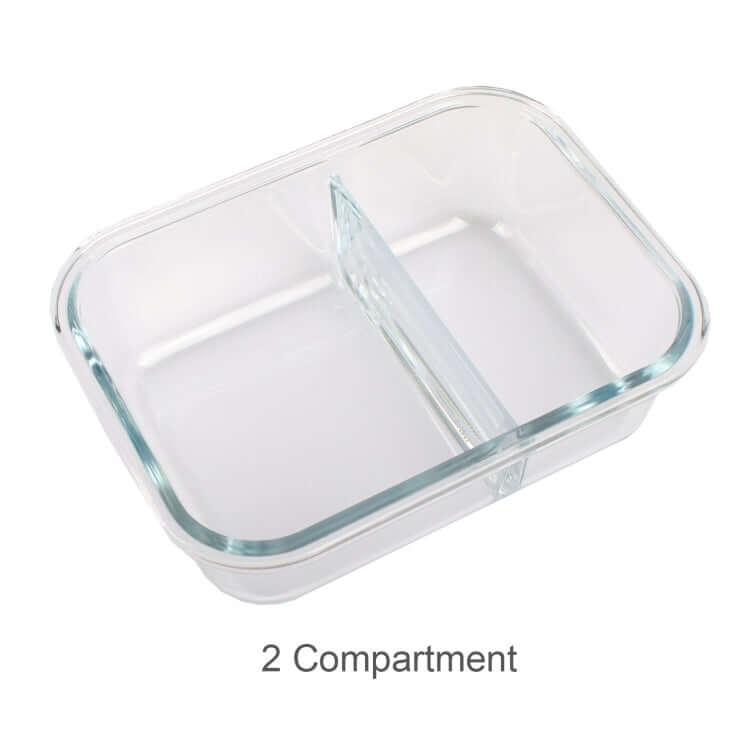 Glass Food Container with Divider featuring 2 compartments for organizing food storage.