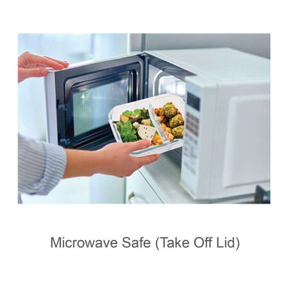 Person taking out food from a Glass Food Container with Divider in microwave, demonstrating microwave safety.