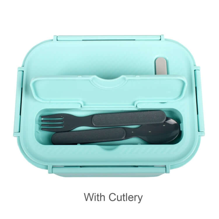 Glass Food Container with Divider and cutlery set in turquoise color.