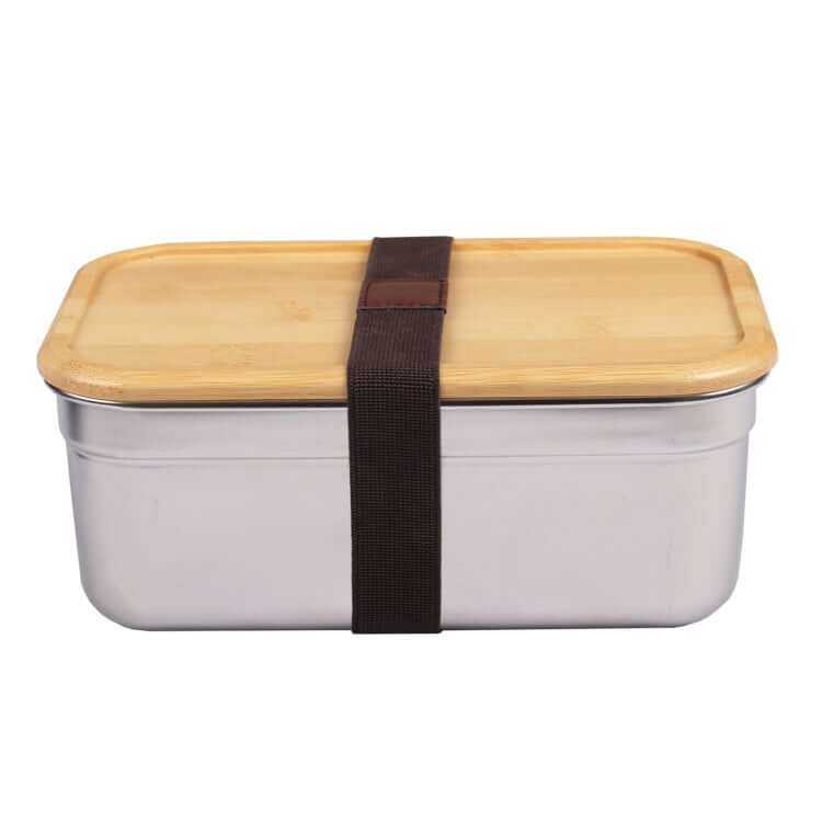 Stainless Steel Lunch Box with Bamboo Lid featuring a stylish design and secure strap for easy transport.