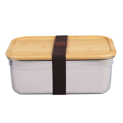 Stainless Steel Lunch Box with Bamboo Lid featuring a stylish design and secure strap for easy transport.