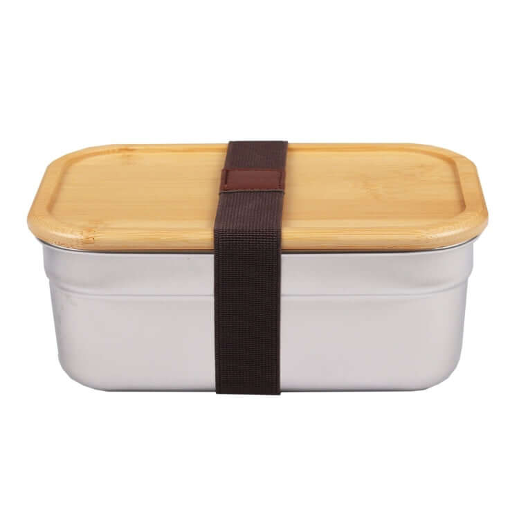 1000ml Stainless Steel Lunch Box with Bamboo Lid showing a compact container with a bamboo lid and strap.
