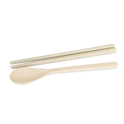 Eco-friendly cutlery set including chopsticks and spoon made from biodegradable materials.