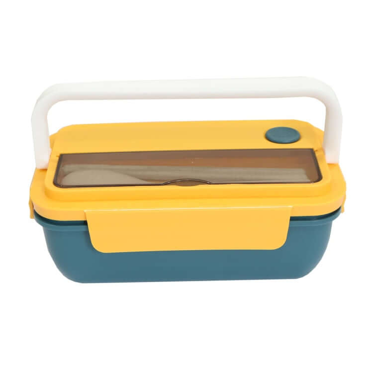 PP Lunch Box in blue and yellow design, ideal for corporate gifts, featuring a sleek handle and transparent lid.