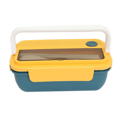 PP Lunch Box in blue and yellow design, ideal for corporate gifts, featuring a sleek handle and transparent lid.
