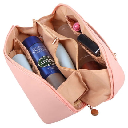 PU Cosmetic Bag filled with beauty products in stylish pink color, perfect for organizing cosmetics and a great corporate gift.