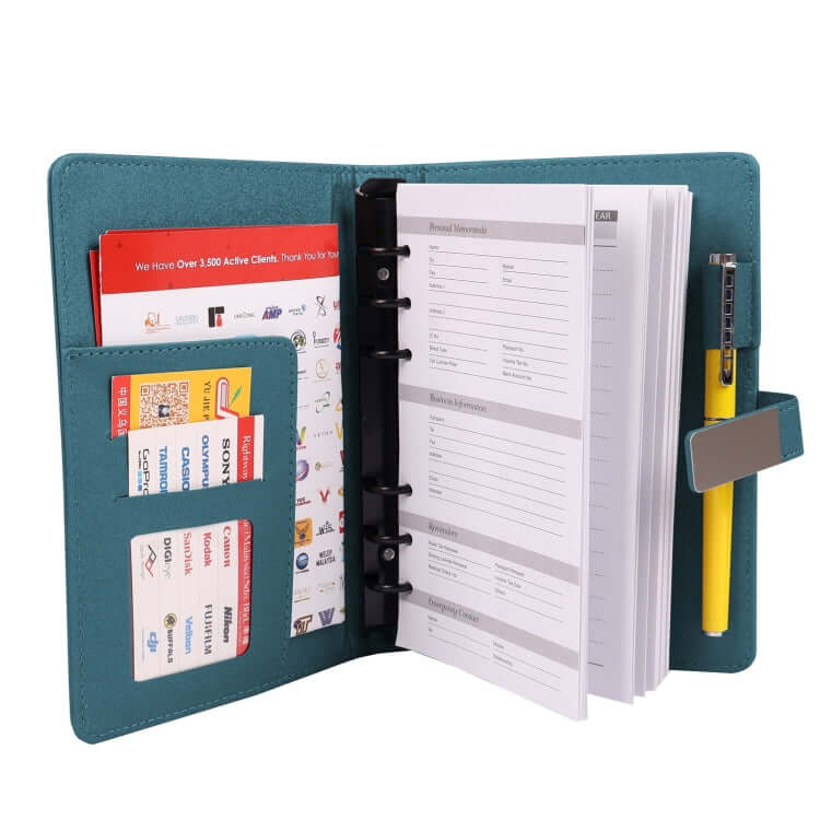 A5 Organizer open view showcasing pockets for cards, notes, and a pen, ideal as a corporate gift.