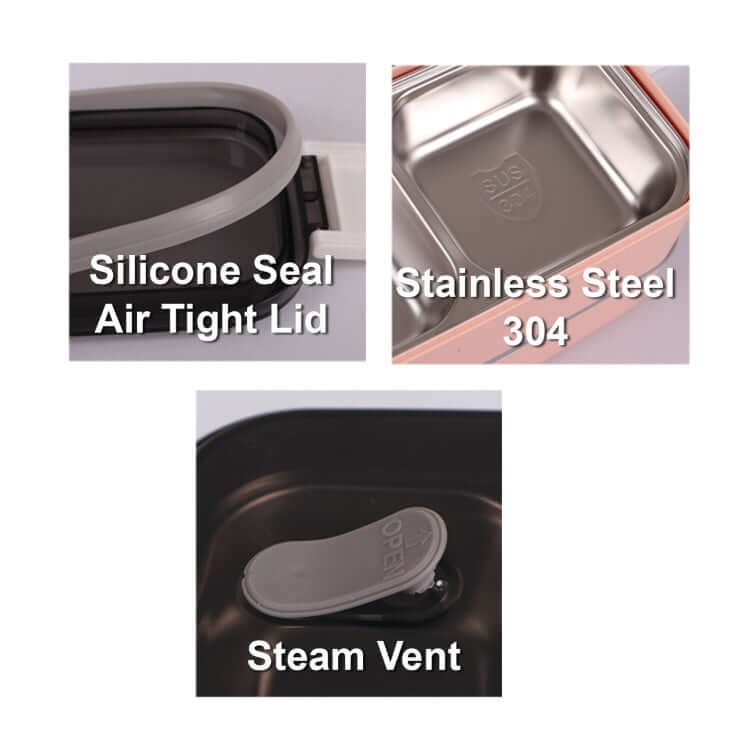 Features of 2 Tier Lunch Box including silicone seal lid, stainless steel 304 inner layer, and steam vent