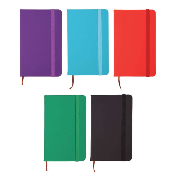Pocket Size Notebook in vibrant colors: Purple, Blue, Green, Red, and Black, ideal for corporate gifts.